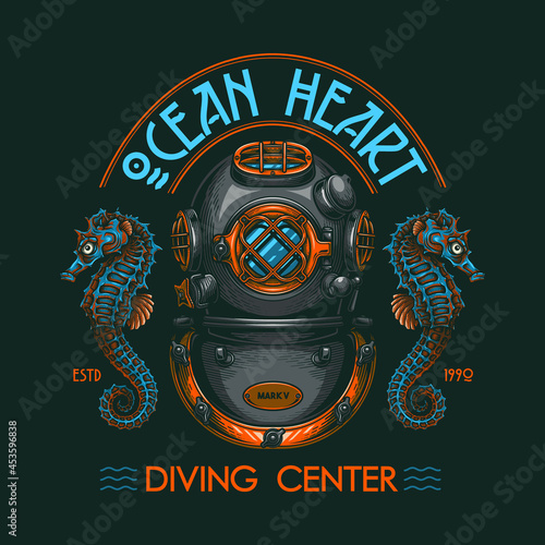 "Ocean heart. Diving center" - poster design. Colorful vector illustration in engraving technique of "Mark V" vintage diving helmet, sea horses and lettering. Isolated on black. 
