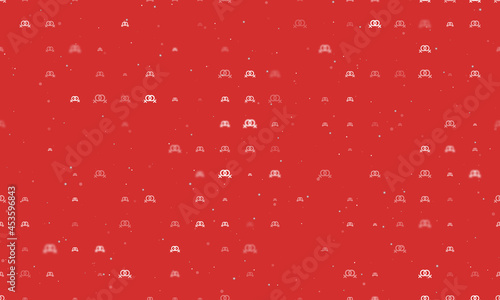 Seamless background pattern of evenly spaced white lesbian symbols of different sizes and opacity. Vector illustration on red background with stars