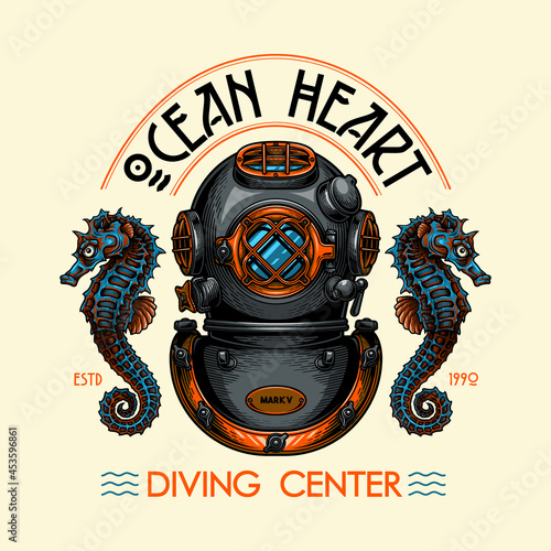 "Ocean heart. Diving center" - poster design. Colorful vector illustration in engraving technique of "Mark V" vintage diving helmet, sea horses and lettering.