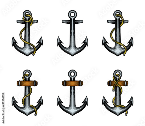 Anchors clip-art collection set. Vector illustration of classic retro nautical anchor in engraving technique.