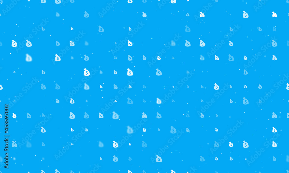 Seamless background pattern of evenly spaced white bag of money symbols of different sizes and opacity. Vector illustration on light blue background with stars