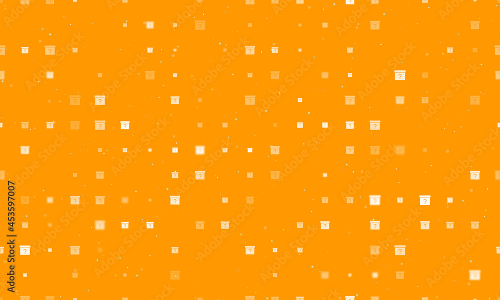 Seamless background pattern of evenly spaced white gift box with a question symbols of different sizes and opacity. Vector illustration on orange background with stars