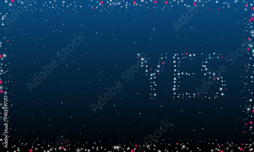 On the right is the yes symbol filled with white dots. Pointillism style. Abstract futuristic frame of dots and circles. Some dots is pink. Vector illustration on blue background with stars