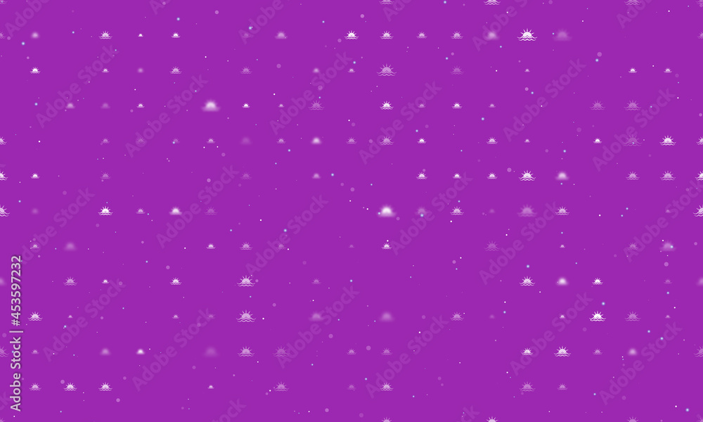 Seamless background pattern of evenly spaced white sunrise at sea symbols of different sizes and opacity. Vector illustration on purple background with stars
