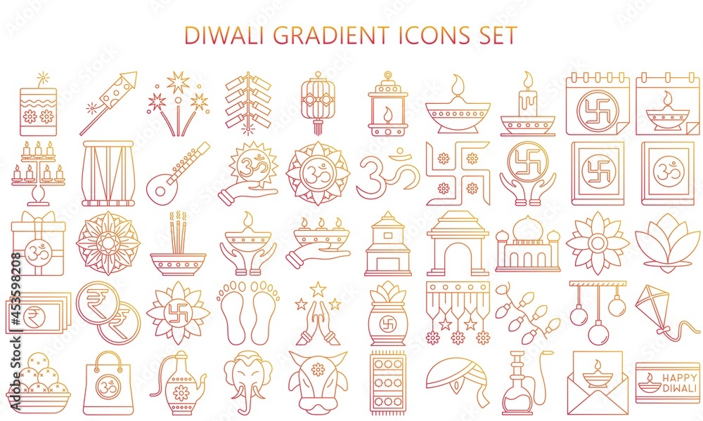 Diwali thin gradient icon set. Included icons as Deepavali celebrate, light festival, candle, lamp, Hindu celebration more. Used for modern concepts, web, UI or UX kit and applications, EPS 10. Diwali thin gradient icon set. Included icons as Deepavali celebrate, light festival, candle, lamp, Hindu celebration more. Used for modern concepts, web, UI or UX kit and applications, EPS 10.