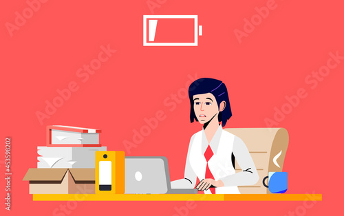 Stressed Office Worker having a Headache. Professional Burnout Syndrome. Overworked Secretary with Low Battery icon. Depressed, Frustrated, Stressful Businesswoman or Manager uses Laptop at Office.