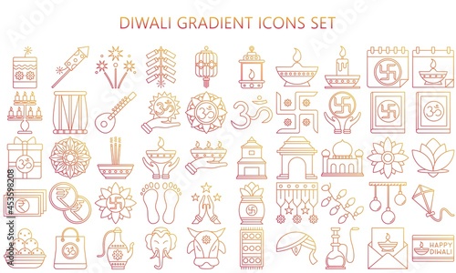 Diwali thin gradient icon set. Included icons as Deepavali celebrate, light festival, candle, lamp, Hindu celebration more. Used for modern concepts, web, UI or UX kit and applications, EPS 10.