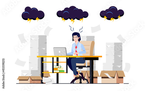 Man stressed at work. Exhausted and sick office worker overloaded with work. Worried businessman suffering from headache. Emotional and professional burnout syndrome concept. Vector Illustration.
