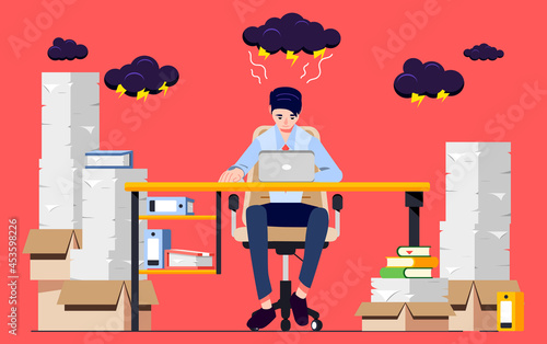 Man stressed at work. Exhausted and sick office worker overloaded with work. Worried businessman suffering from headache. Emotional and professional burnout syndrome concept. Vector Illustration.