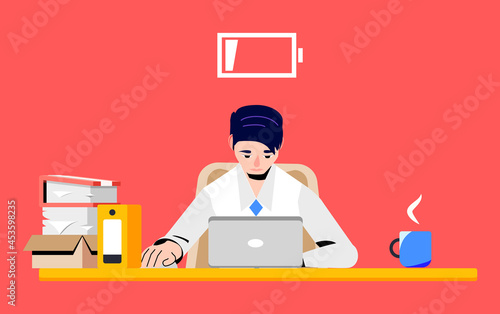 Stressed Office Worker having a Headache. Professional Burnout Syndrome. Overworked Secretary with Low Battery icon. Depressed, Frustrated, Stressful Businessman or Manager uses Laptop at Office.