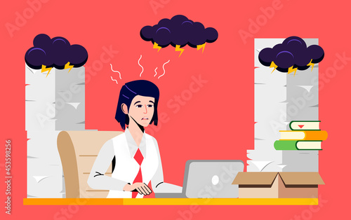 Man stressed at work. Exhausted and sick office worker overloaded with work. Worried businessman suffering from headache. Emotional and professional burnout syndrome concept. Vector Illustration.
