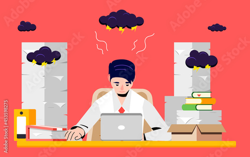 Man stressed at work. Exhausted and sick office worker overloaded with work. Worried businessman suffering from headache. Emotional and professional burnout syndrome concept. Vector Illustration.