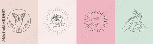 Set of templates of female hands, emblems. Beauty and femininity. Logo design with various hand gestures. Linear compositions. Vector, flat illustration
