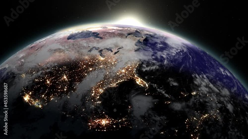 3d rendering of night to day planet earth sunrise view from space with sun showing up from the east spreading daylight over North America in universe concept