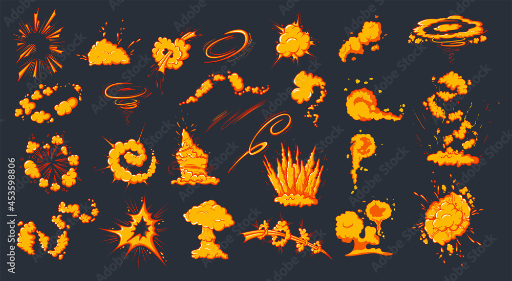 Cartoon bomb explosion, clouds of explosive bombs, flaming . dynamite explosions, cloud comics about atomic bombs. Flame Silhouettes isolated set of vector illustrations