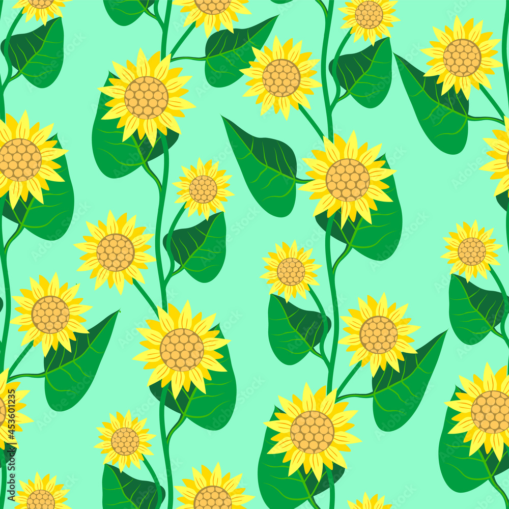 Comic sunflowers on a green background