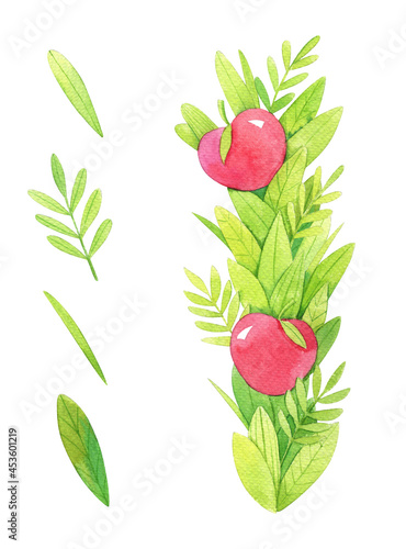 Watercolor illustration of red apple branch on white background with additional set of green leaves.