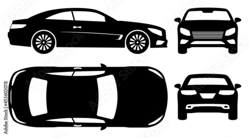 Sports car silhouette on white background. Vehicle icons set view from side, front, back, and top