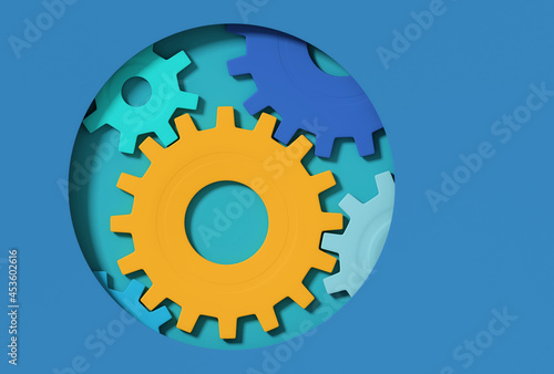 Mechanical gears background; many colorful gear cogs isolated on blue background inside open circle; creative thinking concept; flat lay, top view; 3d rendering, 3d illustration