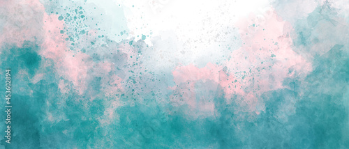 blue green pink sky gradient watercolor background with clouds texture