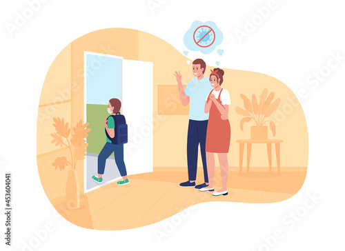 Happy parents see their son off to school 2D vector isolated illustration. Schoolboy returns back to school after covid flat characters on cartoon background. Pupil with backpack colourful scene