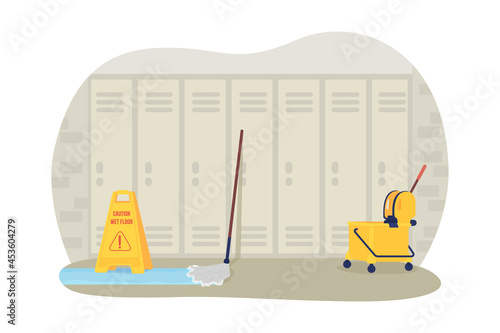 Empty school hallway 2D vector isolated illustration. Covid precaution measures. Mopping equipment at corridor flat characters on cartoon background. No students at school colourful scene.
