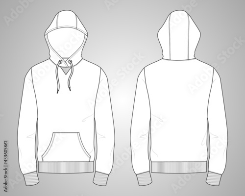 Long sleeve hoodie overall technical fashion Drawing flat sketch template front and back view. Cotton fleece fabric dress design vector illustration mock up jacket CAD. Easy edit and customizable.