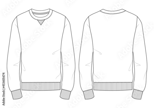 Slim fit Round neck Long sleeve Sweatshirt fashion Flat Sketches technical drawing vector template For men's. Apparel dress design mock up CAD illustration. Sweater fashion design isolated on white.