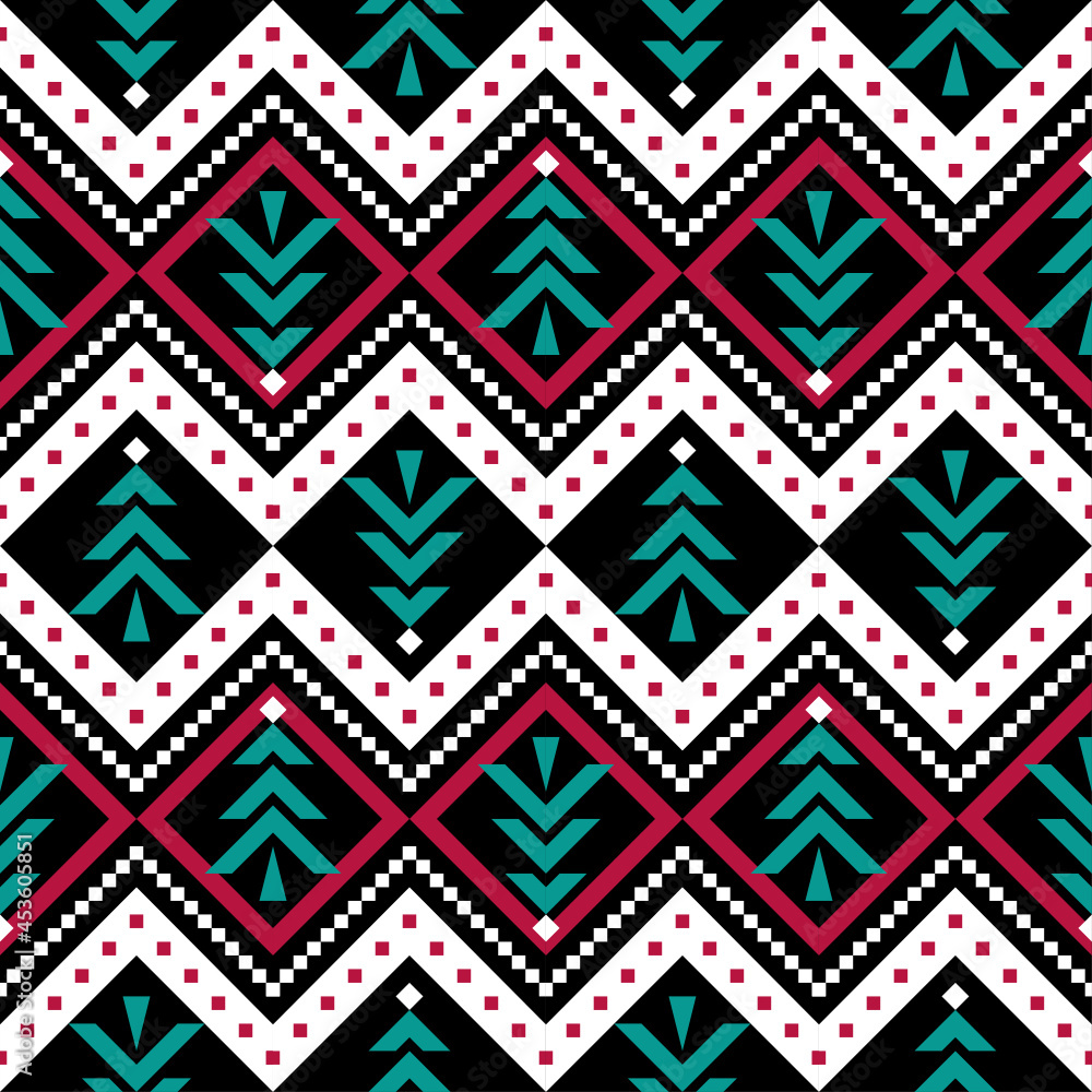 Christmas pattern with pine tree, holidays pattern with red and green color on black background 