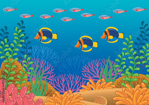 Fototapeta Naklejka Na Ścianę i Meble -  coral reef with fishes under the ocean. Picture for wallpaper, background and elemen design