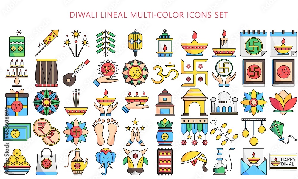 Diwali lineal multi color icons set. Included icons as Deepavali celebrate, light festival, candle, lamp, Hindu celebration more. Used for modern concepts, web, UI or UX kit and applications, EPS 10.