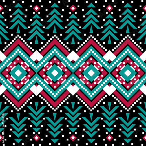 Christmas pattern with pine tree, holidays pattern with red and green color on black background 