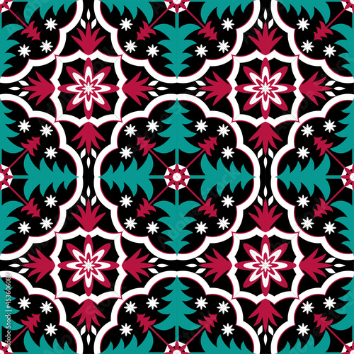 abstract seamless vector pattern , Red and green , flower and pine tree, traditional pattern on black background