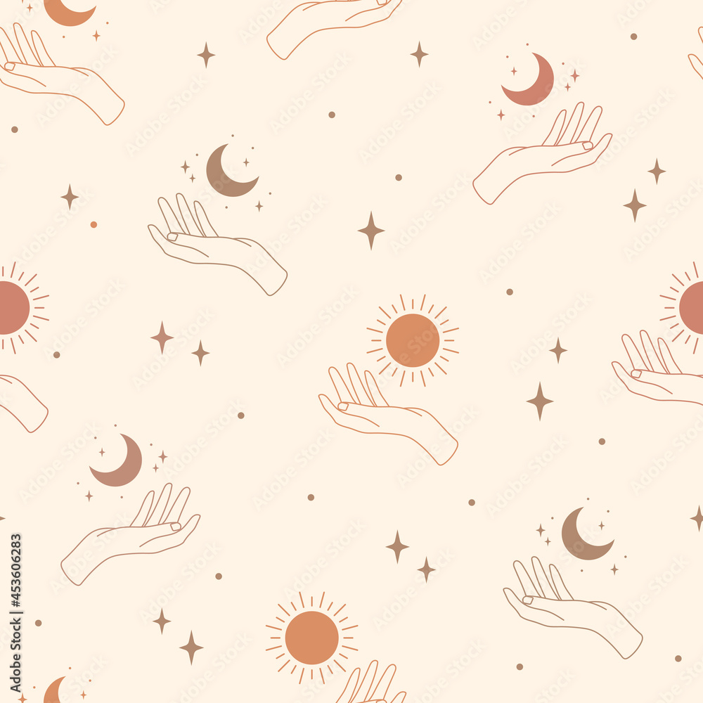 Seamless pattern with hands, moon and sun. Hand drawn vector ...