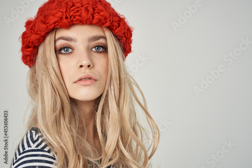 pretty woman in red hat striped tshirt fashion modern style