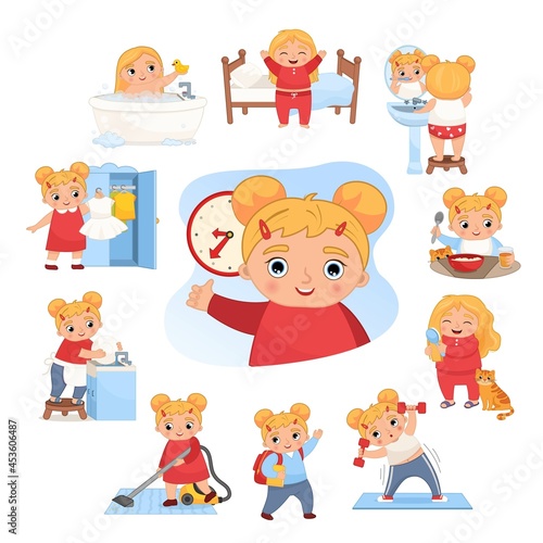 Vector illustration daily activities routine. Cute little cartoon girl doing daily chores.
