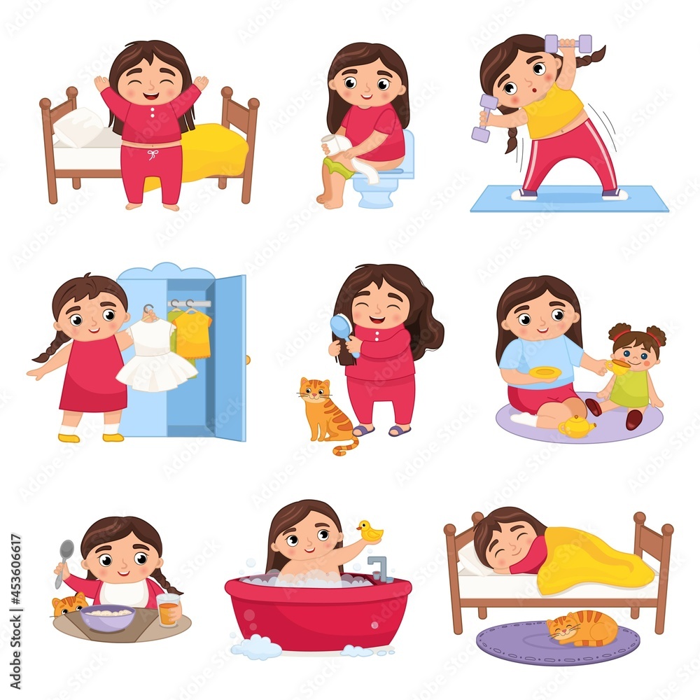Vector illustration daily activities routine. Cute little cartoon girl doing daily chores.
