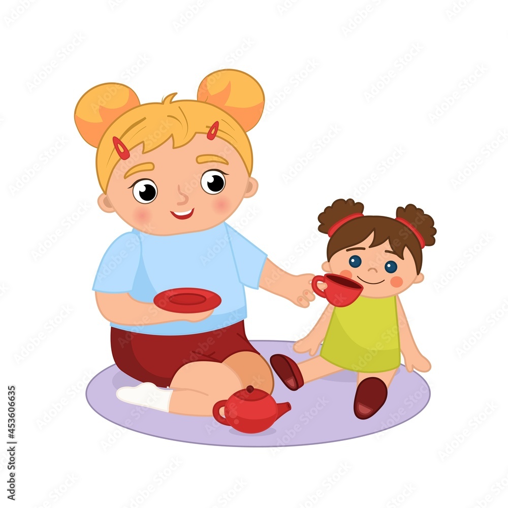 Vector cartoon illustration of a cute little girl playing with a doll.
Vector cartoon illustration of a cute little girl playing with a doll.