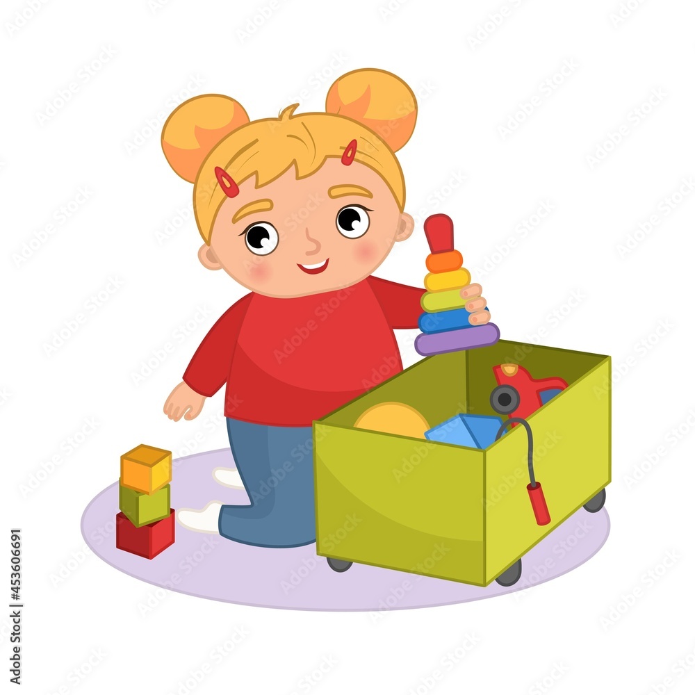 Vector cartoon illustration of a cute girl putting toys in a box.

