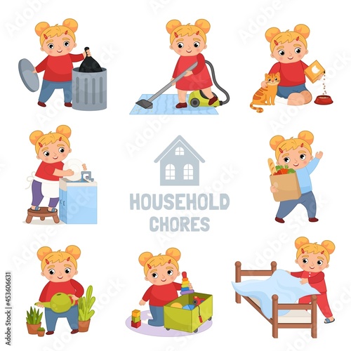 Cute little girl with household chores. Vector illustration in cartoon style. Home routine set.
