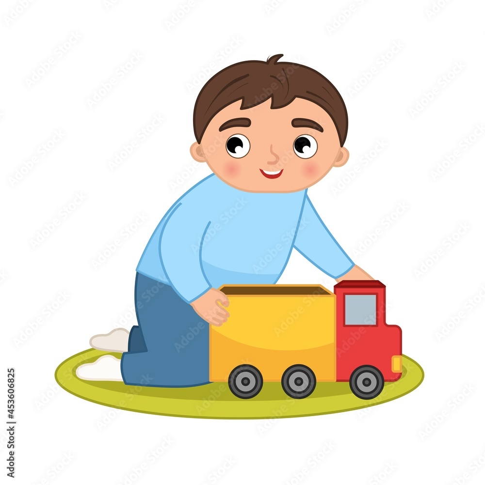 Vector cartoon illustration of cute boy playing with toy car.
Vector cartoon illustration of cute boy playing with toy car.
