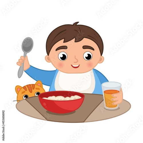 Vector illustration of a cute boy sitting at a stottle and eating porridge.
