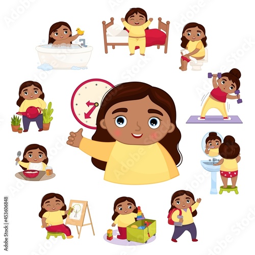 Vector illustration daily activities routine. Cute little cartoon african girl doing daily chores.

