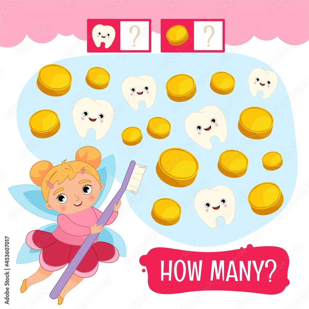 Counting educational children game, math kids activity sheet. How many objects task. Illustration of a cute tooth fairy.
Counting educational children game, math kids activity sheet. How many objects task. Illustration of a cute tooth fairy.
