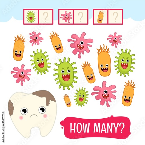 PriCounting educational children game, math kids activity sheet. How many objects task. Illustration of tooth with caries.
t