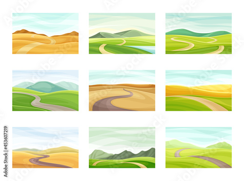 Winding Road Going into the Distance and Grassy Hill Vector Set