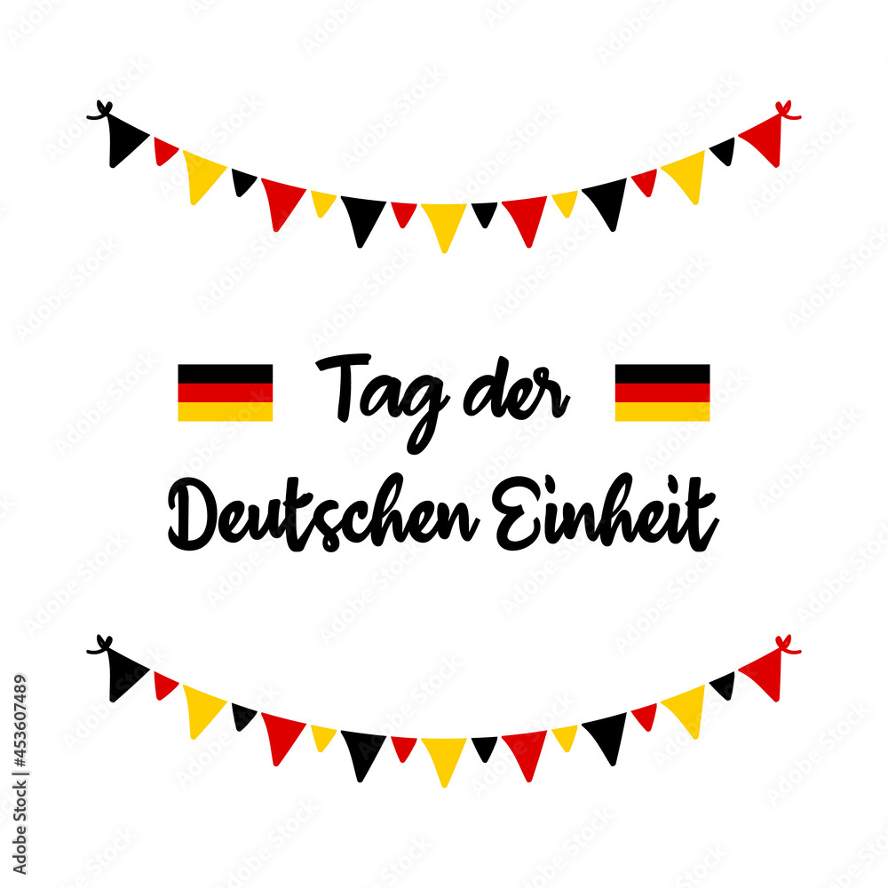 Obraz premium Vector greeting card with german flags, colorful garlands and text, translated as «German Unity Day». October 3.