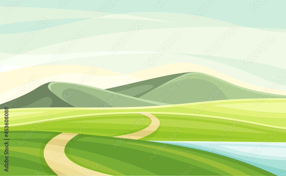 Obraz premium Wandering Road Going into the Distance Through Green Grassy Valley Vector Illustration