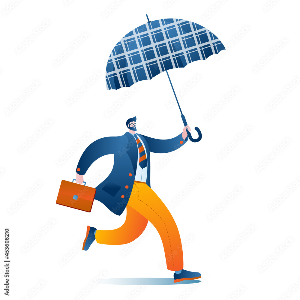 A man with an umbrella and a briefcase goes to the office. Vector isolated illustration of blue and orange colors on the theme of autumn and going to work.
