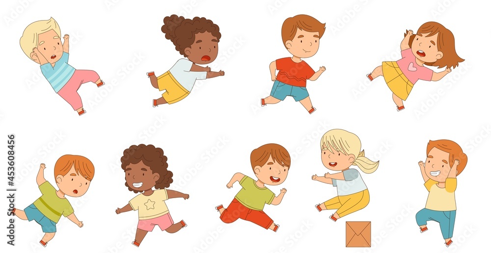 Cute Kids Running and Rushing Away at Full Speed Stumbling Vector Set